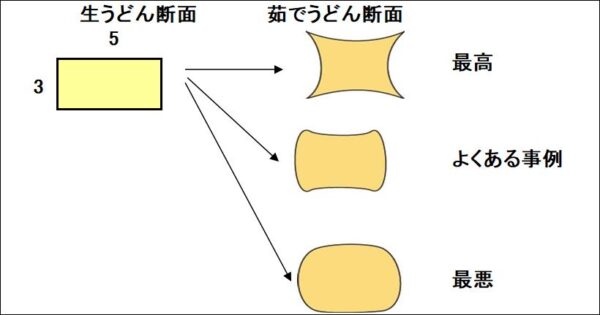 生うどん断面と茹でうどん断面の図